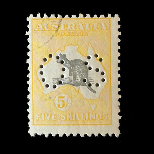 AUSTRALIA 1929 5/- GREY & YELLOW ROO  'OS' VFU