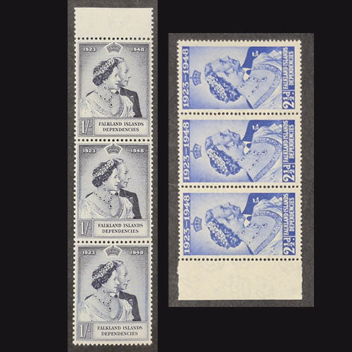 FALKLAND IS DEP. 1948 SILVER WEDDING(2) MNH STRIPS OF 3