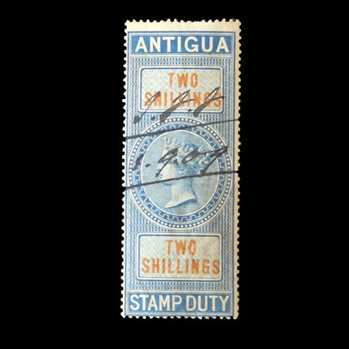 ANTIGUA 1870 2/- RED/BLUE REVENUE STAMP FU