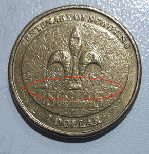 2008 1 dollar Australian coin Struck through oil Error