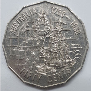 1988 50c Australian coin First Fleet Tall Ships