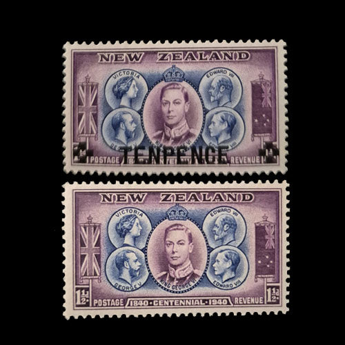 NEW ZEALAND 1940 1 1/2d VIOLET/BLUE BRITISH MONARCHS & 'SURCHARGE' STAMPS MNH