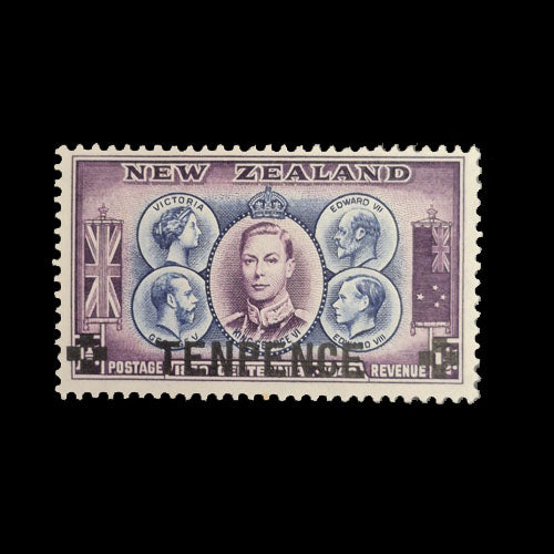 NEW ZEALAND 1940 1 1/2d VIOLET/BLUE BRITISH MONARCHS & 'SURCHARGE' STAMP FU