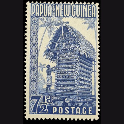 PAPUA NEW GUINEA 1952 7 1/2d BLUE KIRIWINA YAM HOUSE MH